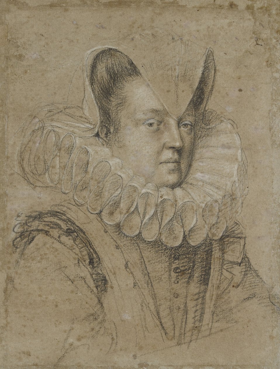Porträtt av Margherita, hertiginna av Ferrara (svart krita, förstärkt med vitt, på brungråt papper) av Ottavio Mario Leoni