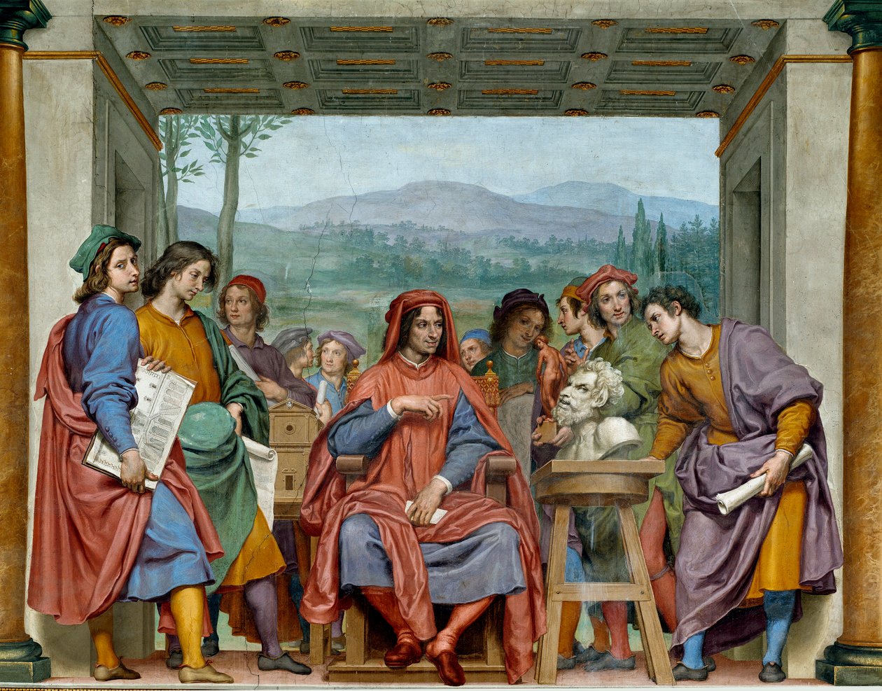Laurent de Medici (1449-1492) (Laurent den magnifika: Lorenzo il Magnifico) sitter mitt bland florentinska konstnärer. Han beundrar en faunachef hos Michelangelo (Michelangelo, Michel Ange). Fresk av Ottavio Vannini (1585-1643). 1635 ungefär Sala av Ottavio Vannini