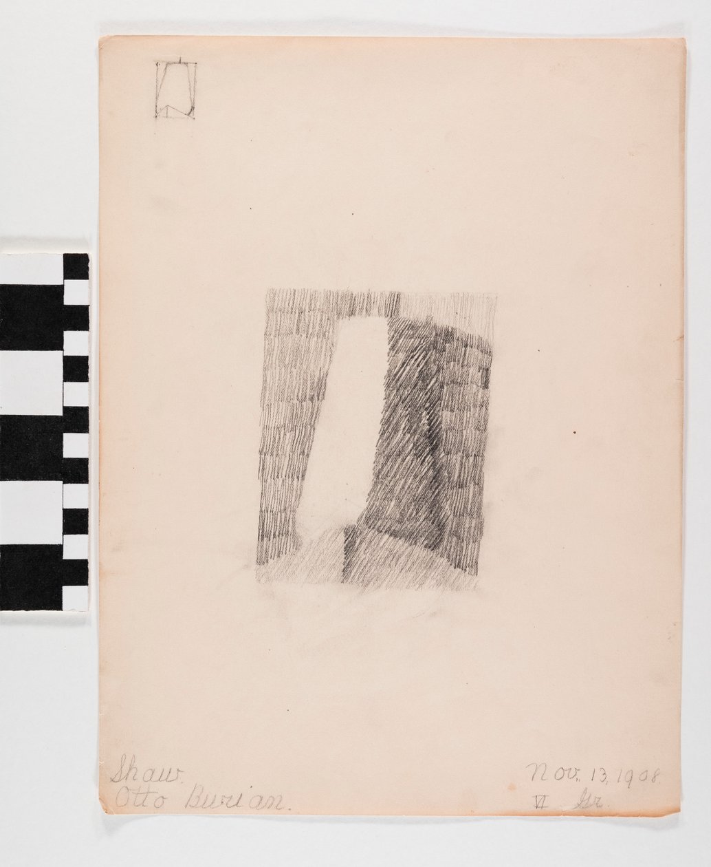 Pencil drawing on paper of a doorway with shading in the center and small outline of a doorway in the top proper right corner of the page av Otto Burian