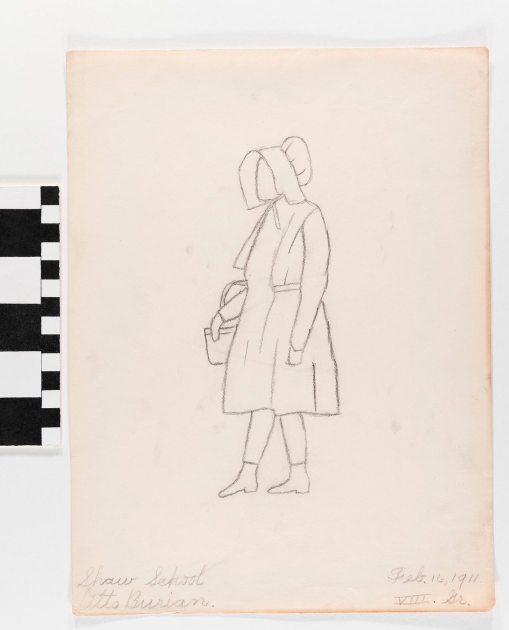 Pencil drawing on paper of a person in a dress, carrying a basket, and wearing a prairie hat av Otto Burian
