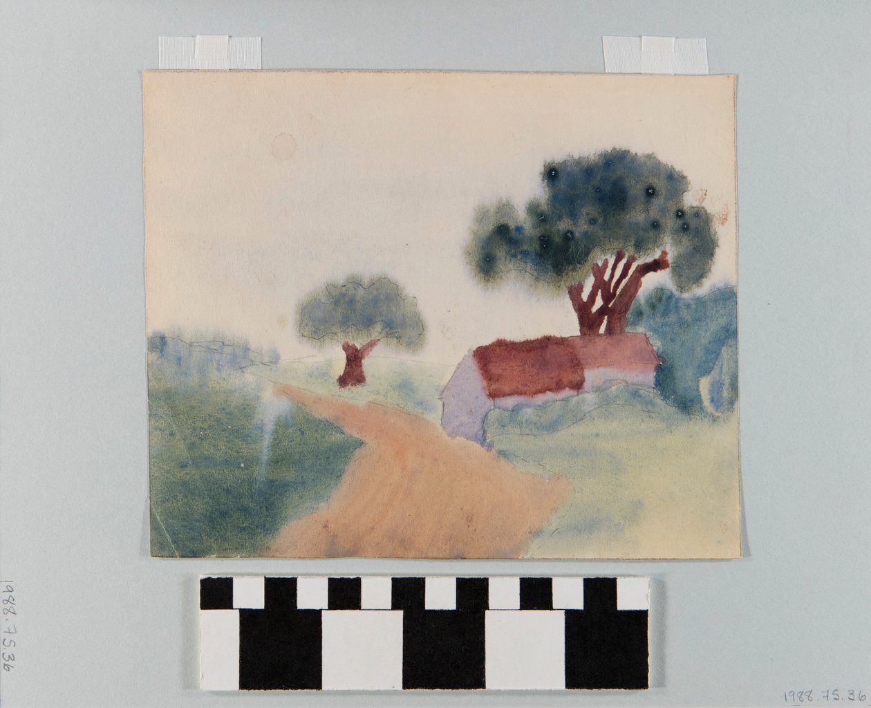Watercolor painting of a small building on a dirt road av Otto Burian