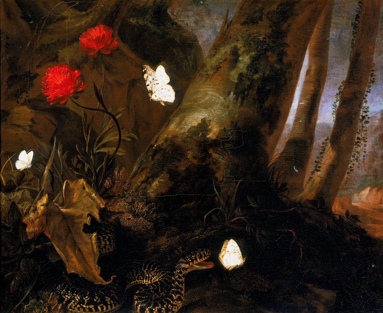 Underbrush med djur av Otto Marseus  van Schrieck