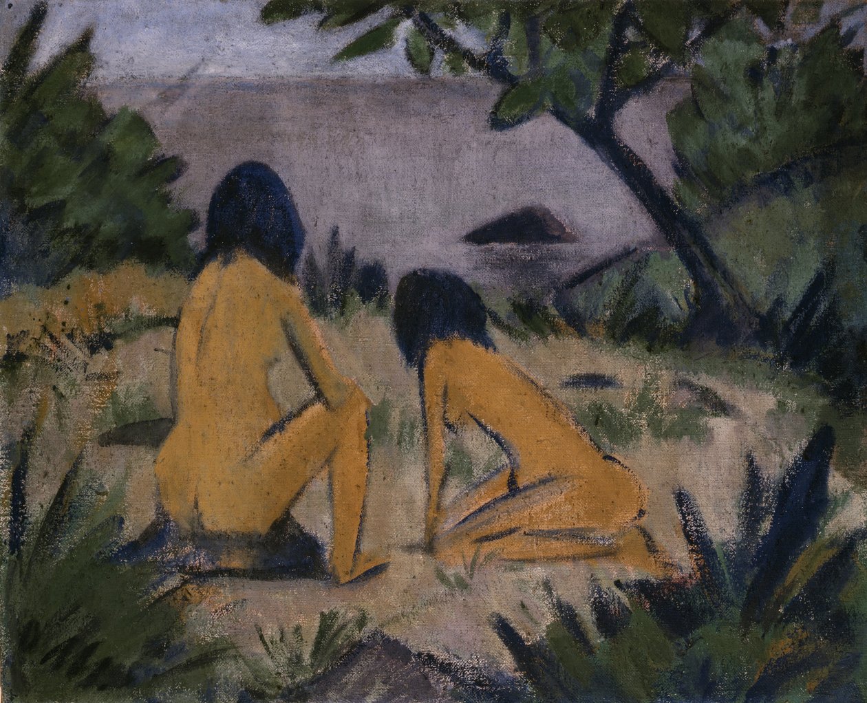 Sitting and Kneeling Figures on the Bank of the Moritzburg Lakes av Otto Mueller