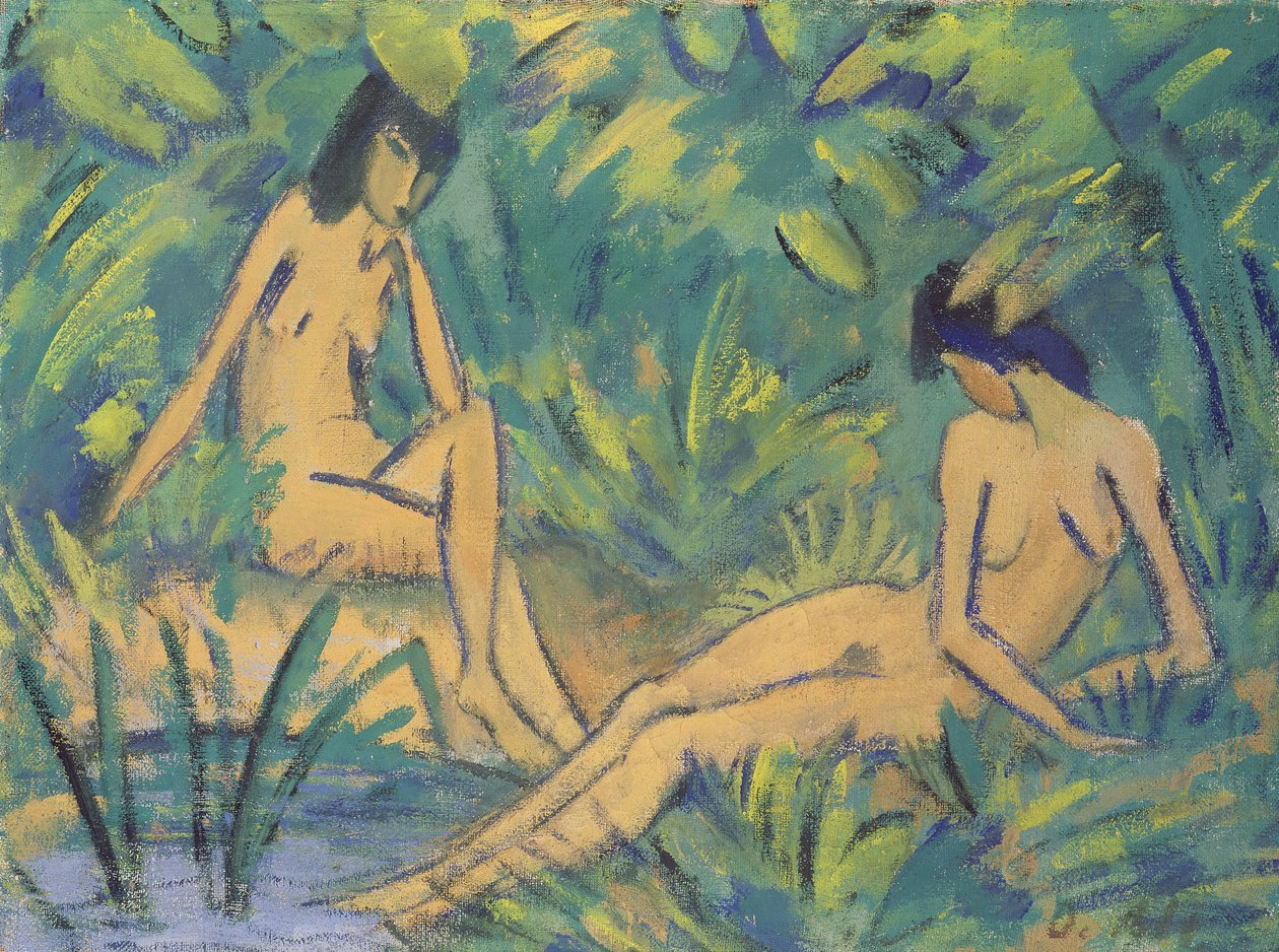 Flickor som sitter vid vattnet, ca 1920 (tempera på hessian) av Otto Mueller