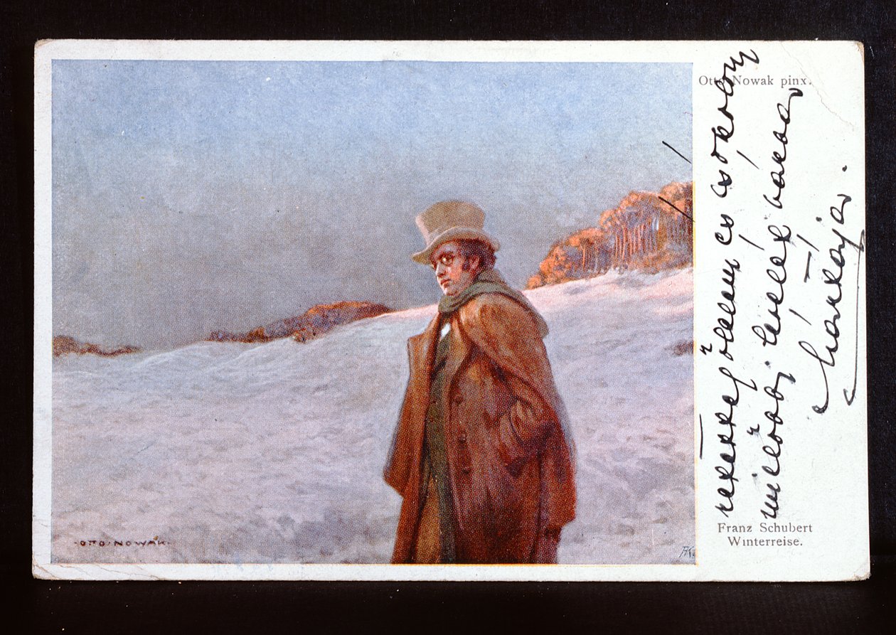 Wienervykort föreställande Franz Peter Schubert (1797-1828) och illustrerat hans sångcykel 