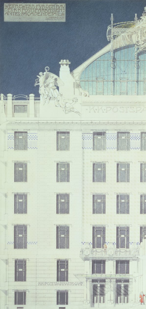 Post Office Savings Bank, Wien, ritning som visar en fasaddetalj, ca 1904-06 (färgpenna) av Otto Wagner