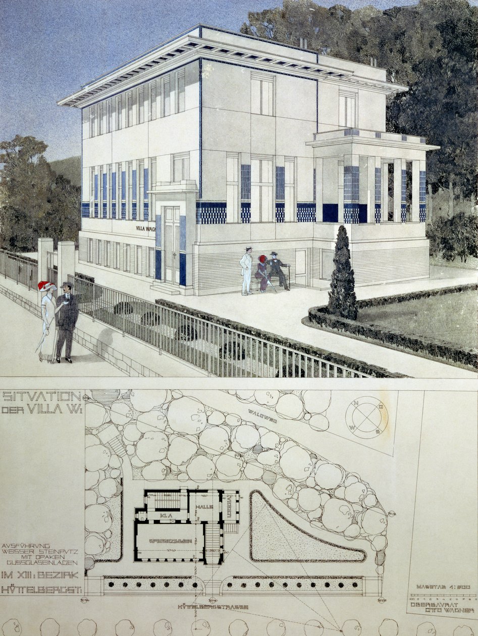 Villa Wagner, Wien, design som visar husets exteriör, byggd av stål och betong i sträng geometrisk stil med djupblå paneler och spikprydnad, med under en plan över huset och gr. av Otto Wagner