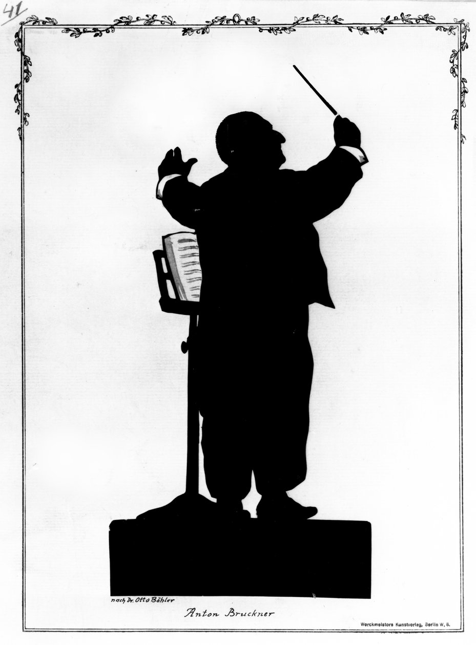 Silhuett av Anton Bruckner (1824-96) österrikisk kompositör, dirigering (gravyr) (s/v foto) av Otto (after) Bohler