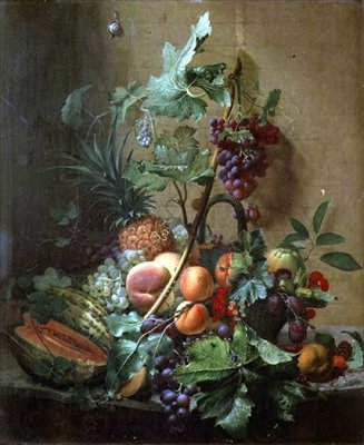 Stilleben av en melon, plommon, persikor av Otto Didrik Ottesen