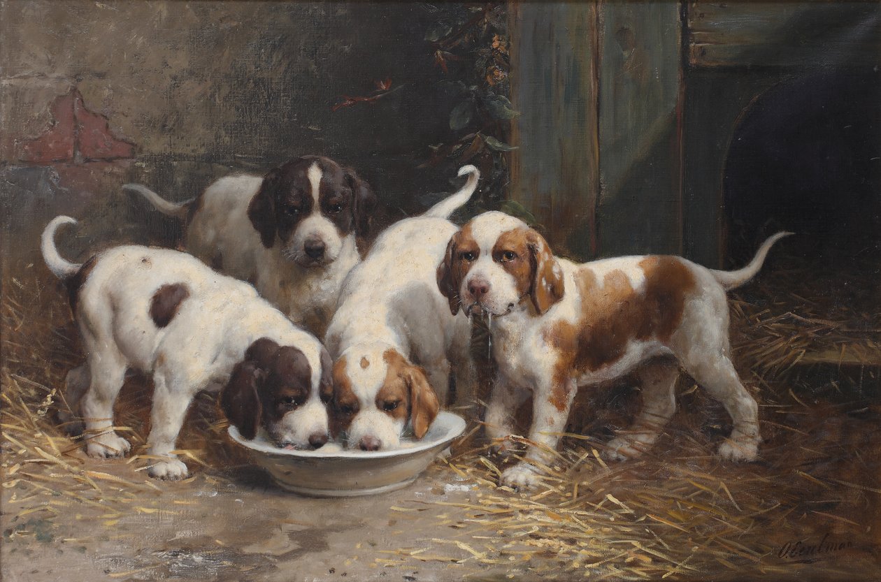 Saint Bernard valpar dricker mjölk (olja på duk) av Otto Eerelman