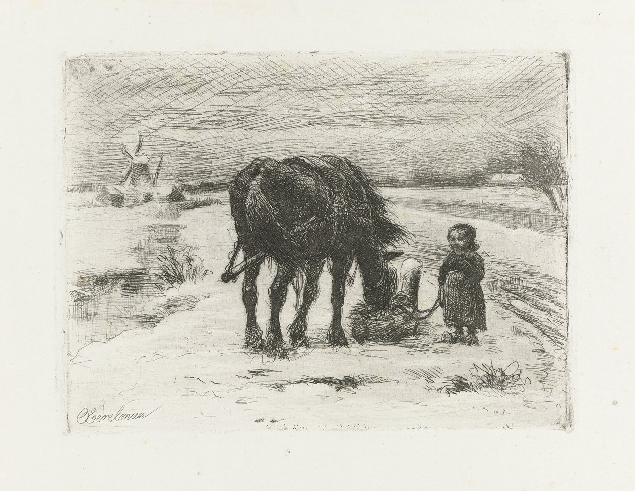 Snölandskap med barn och häst av Otto Eerelman