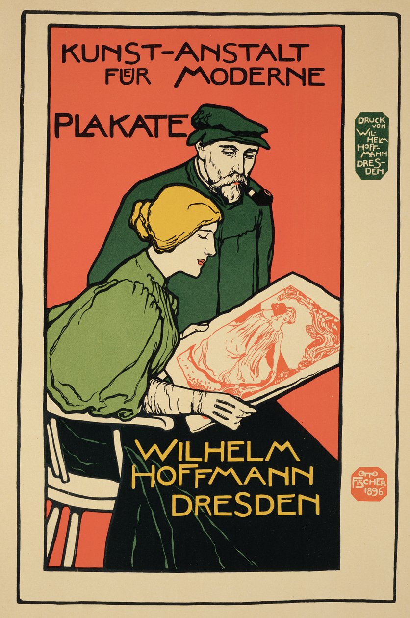 Reproduktion av en affisch som annonserar "Wilhelm Hoffmann", en anläggning som säljer moderna affischer, Dresden av Otto Fischer