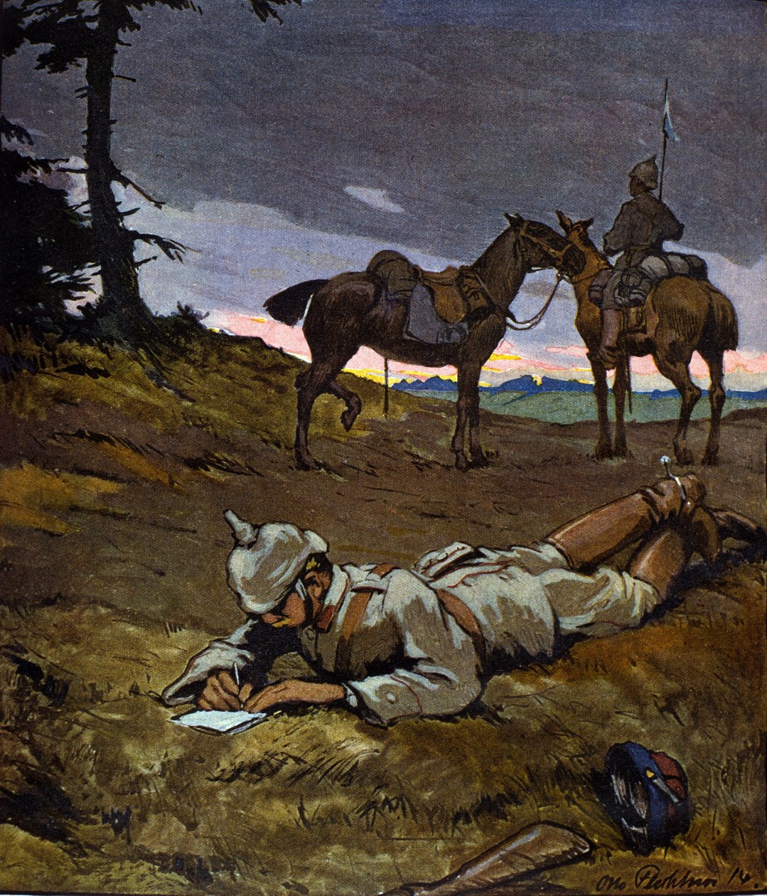 Första världskriget (1914-1918): Tyska ryttare i spaning 1914. De bär spetshjälmar. Målning av Otto Flechner för tidningen "" Jugend". 1900-talet av Otto Flechtner
