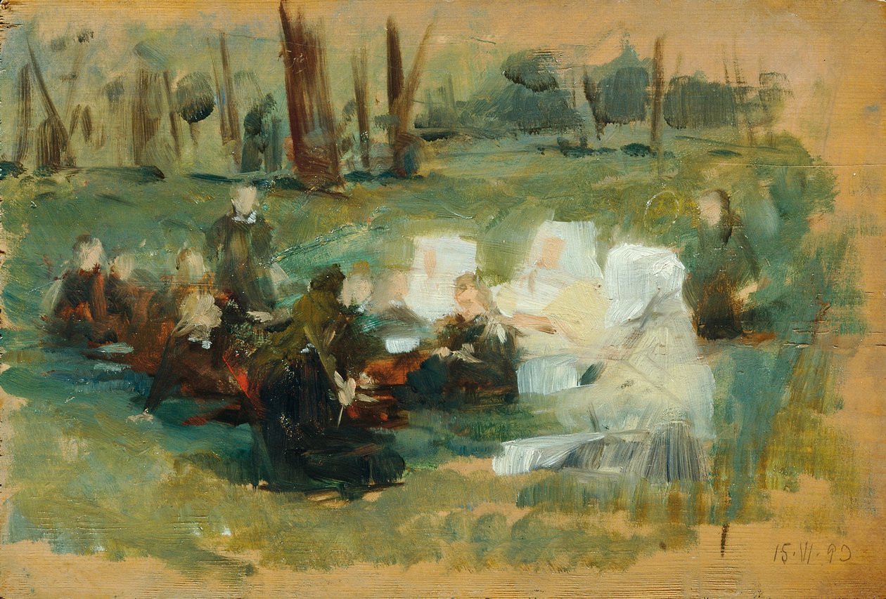 Grupp barn med tre nunnor klädda i vitt och en präst på en skogsäng i solen av Otto Friedrich