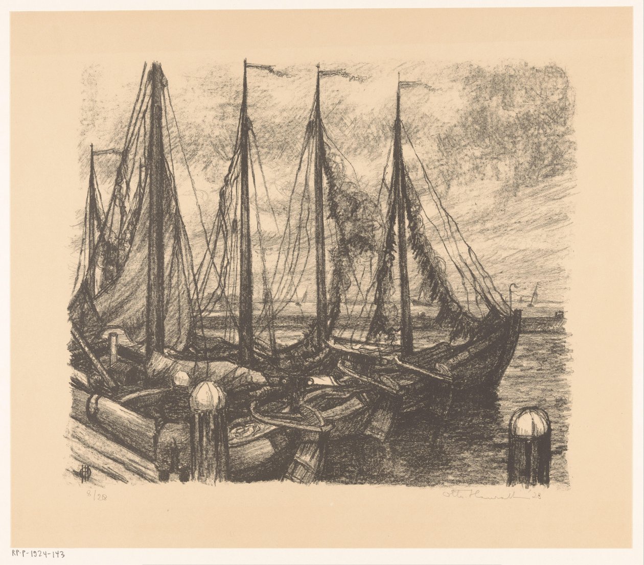 Förtöjda fiskefartyg i en hamn av Otto Hanrath (signed by artist)
