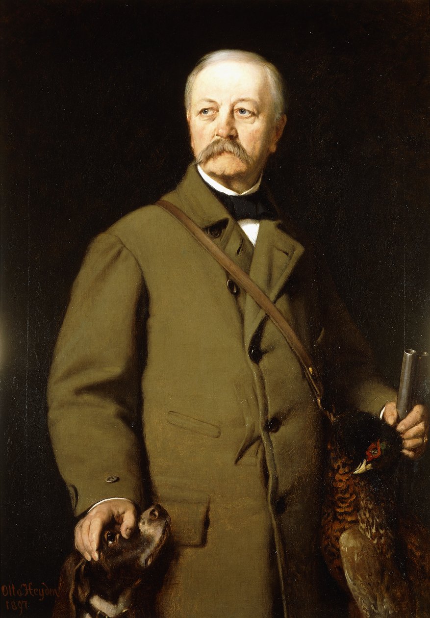 Porträtt av Otto von Bismarck i jaktkläder med sin hund och en död fasan, 1897 av Otto Johann Heinrich Heyden