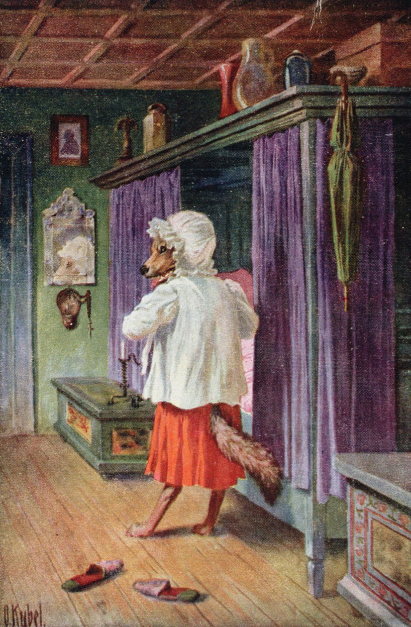 Vykort som föreställer vargen utklädd till Rödluvans mormor (färg litho) av Otto Kubel