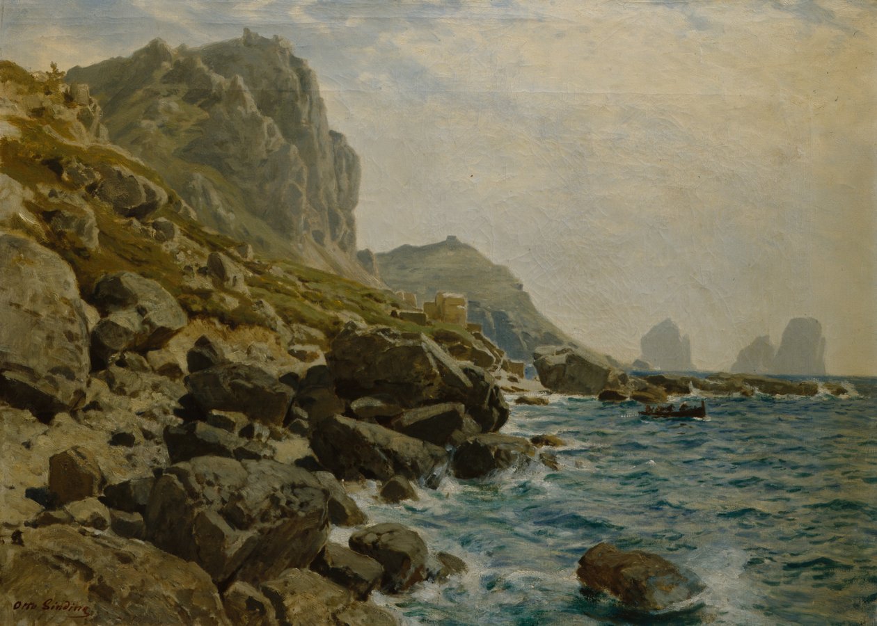 Dramatisk kustlandskap med båt (olja på duk) av Otto Ludvig Sinding