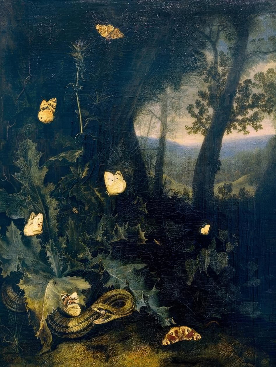 Skogsgolv med tistel och orm av Otto Marseus  van Schrieck