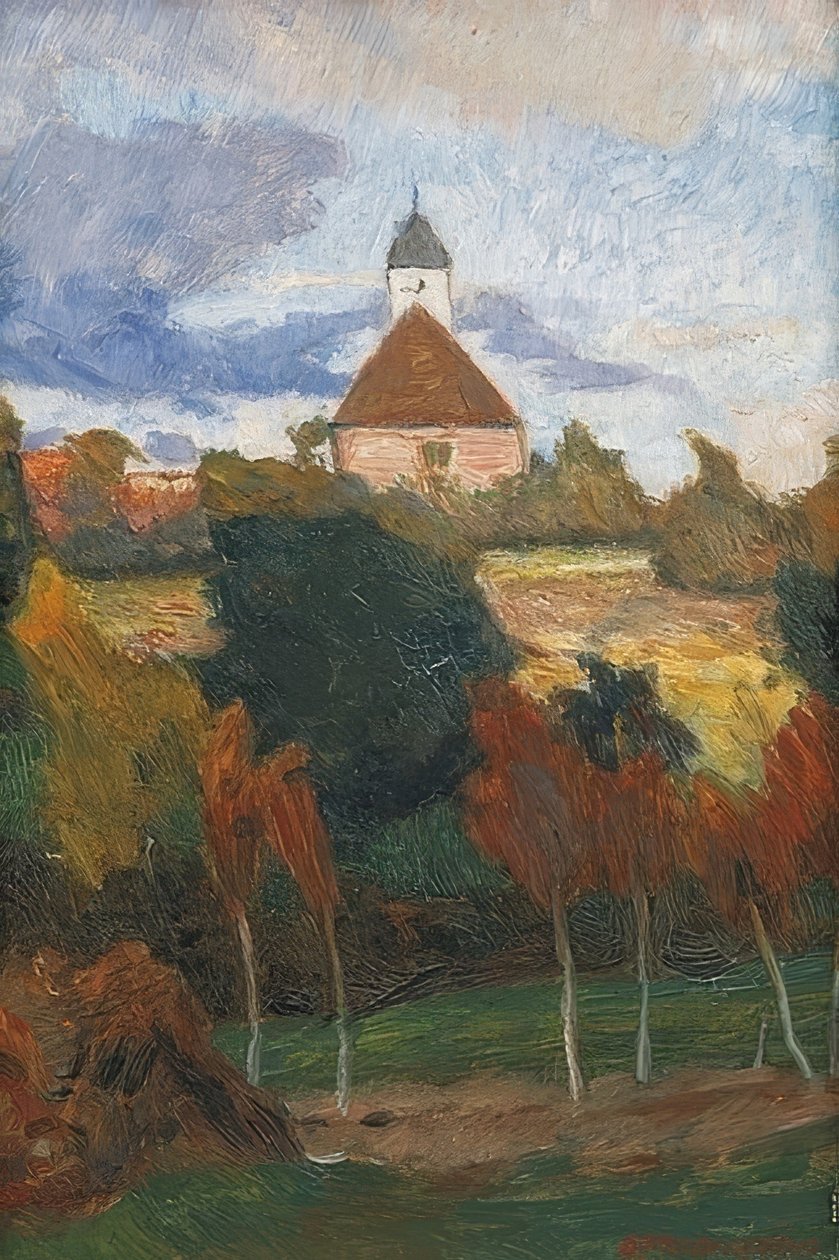 Utsikt över Worpsweder kyrka. Omkring 1895 av Otto Modersohn