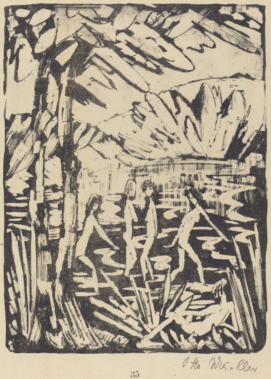Fem flickor vid en skogsdamm (Funf Madchen am Waldteich) av Otto Müller