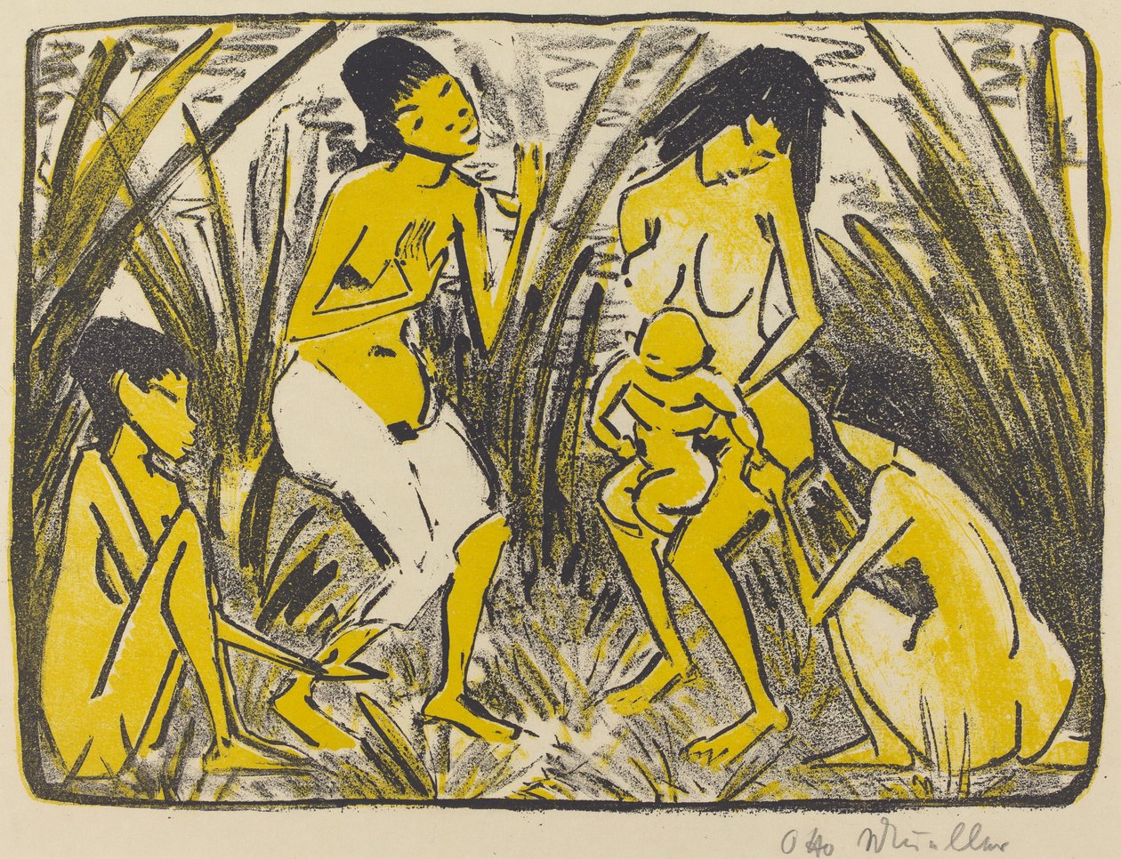 Fyndet av Moses (Auffindung des Moses), c.1920 (litografi i svart och guld) av Otto Mueller