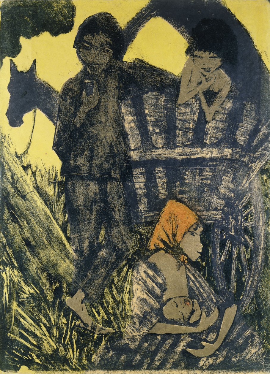 Gypsy Family på en vagn; Zigenarfamilj vid den täckta vagnen, av Otto Mueller