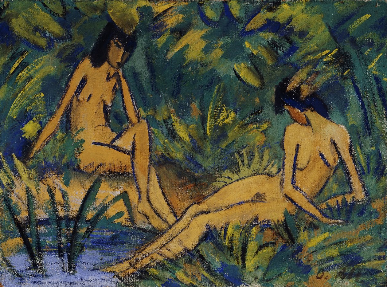 Sittande kvinna vid vatten; Sittande flickor vid vattnet, ca. 1914-16 av Otto Mueller
