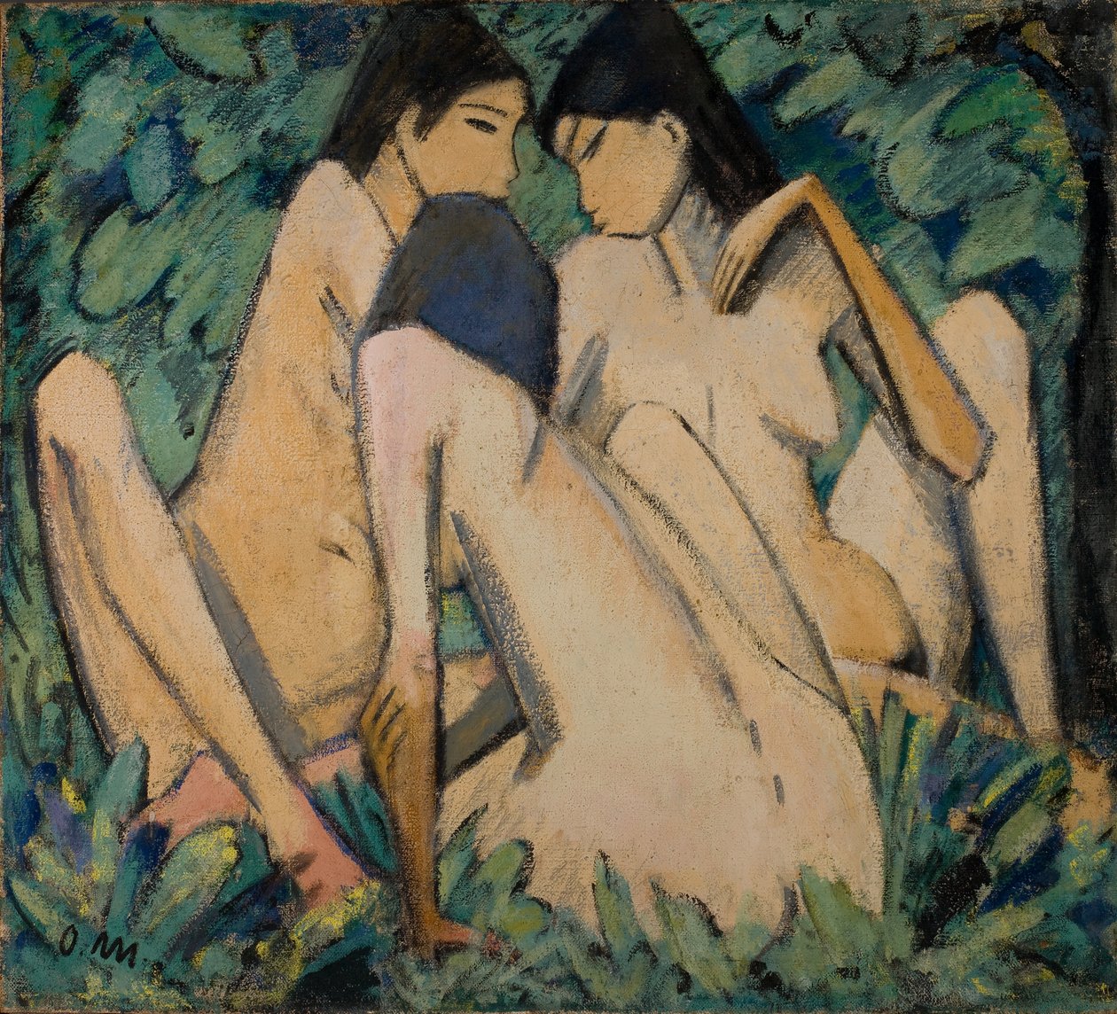 Tre flickor i en skog, ca 1920 (olja  tempera på pannå) av Otto Muller or Mueller