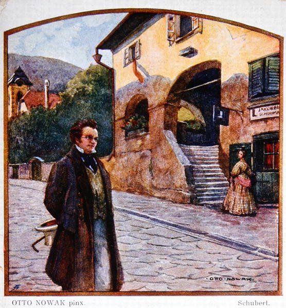 Franz Peter Schubert (1787-1828) framför skomakarens hus, ca 1910 (färg litho) av Otto Robert Nowak