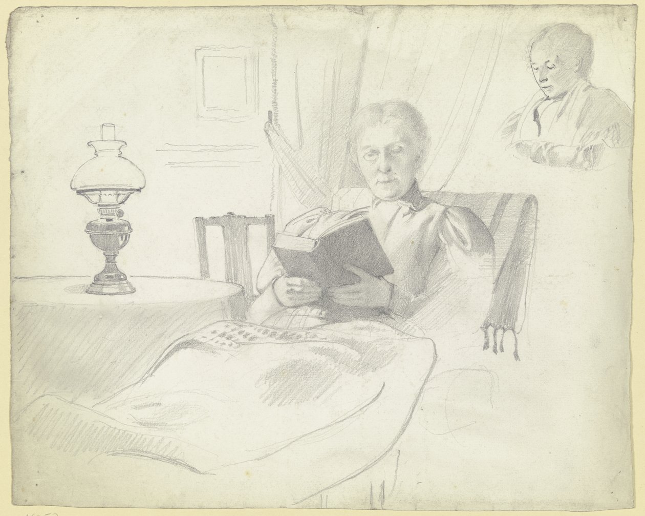 Luise Scholderer läser med bord och lampa, bröstbild av en kvinnlig figur i bakgrunden av Otto Scholderer