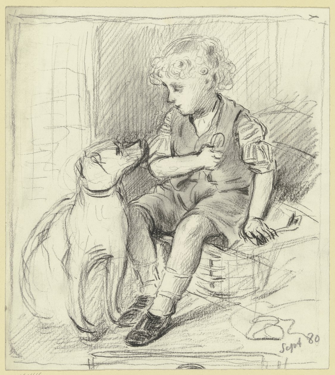 Sittande pojke med sittande hund av Otto Scholderer
