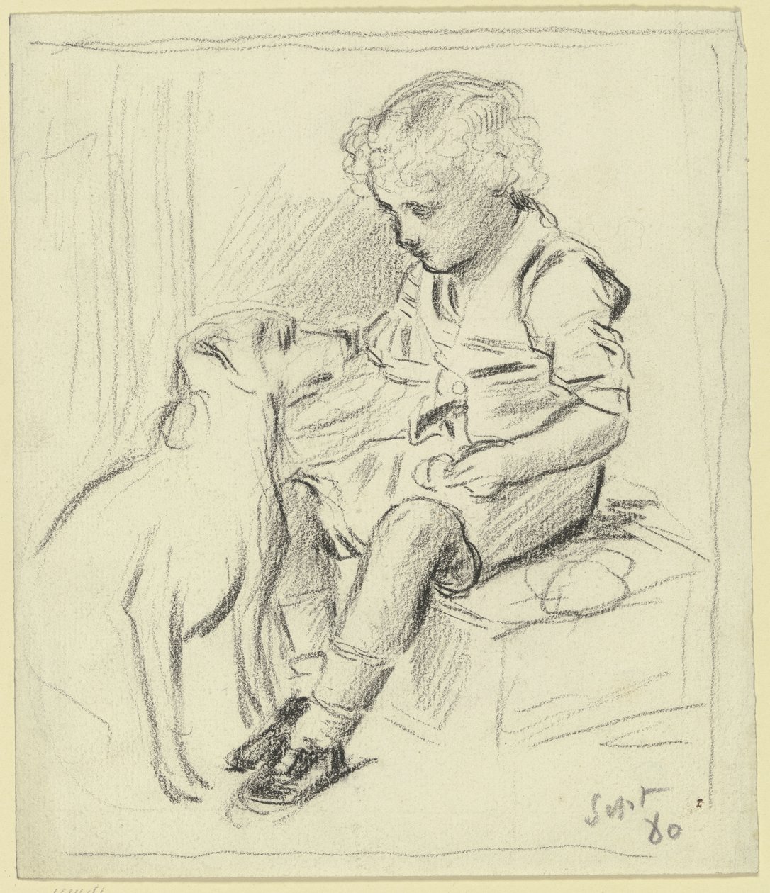 Sittande pojke med sittande hund av Otto Scholderer