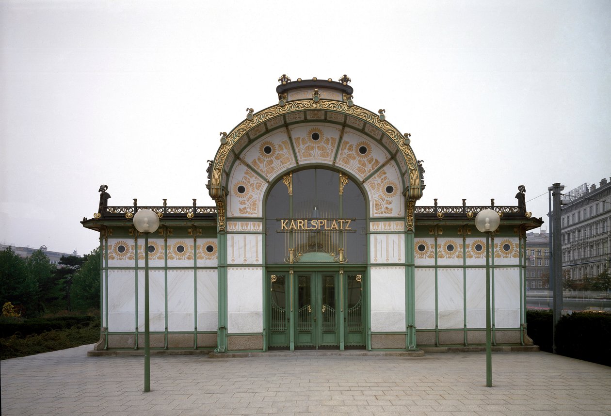 Art Nouveau: utsikt över paviljongen på Karlsplatz tunnelbanestation (nuvarande café) gjord av arkitekten Otto Wagner (1841-1918) (Wiensecession) 1894-1899 Wien, Österrike av Otto Wagner