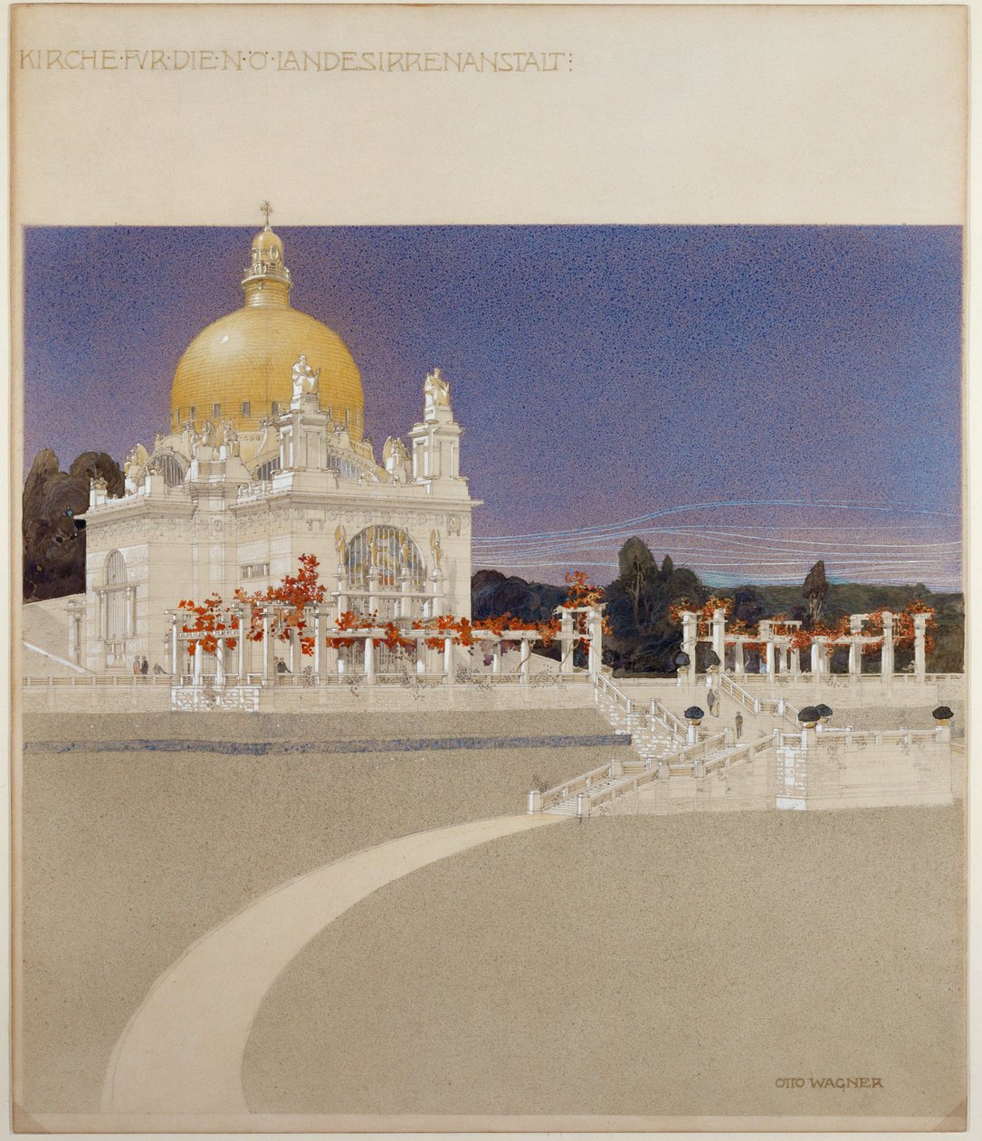 Kyrka för Steinhofs asyl, Wiens centralsjukhus för psykiskt sjuka ... (krita, penna, bläck och lavering) av Otto Wagner