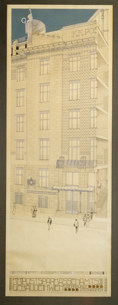 Förslag till tävling för Postsparbanken i Wien ... (penna och svart bläck, blå krita, guldfärg) av Otto Wagner