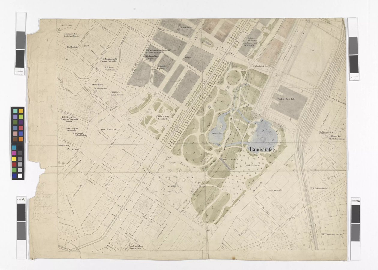 Allmän regleringsplan: kartbladsutsnitt av den östra delen av innerstaden och Ringstraße, stadsparken och den centrala saluhallen av Otto Wagner