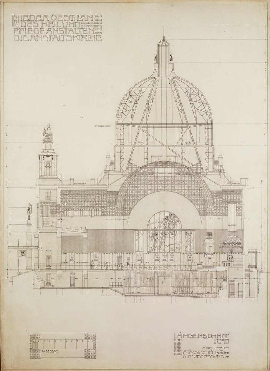 Vertikal projektion av kyrkan i Steinhof, Wiens centrala sjukhus för psykiskt sjuka ... av Otto Wagner