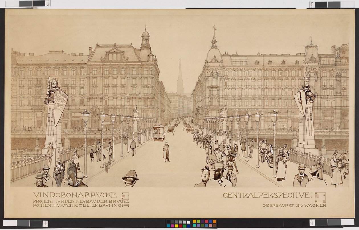 Vindobonabron / Projekt för nybyggnad av bron Rothenthurmstraße - Lilienbrunngasse. Centralperspektiv av Otto Wagner