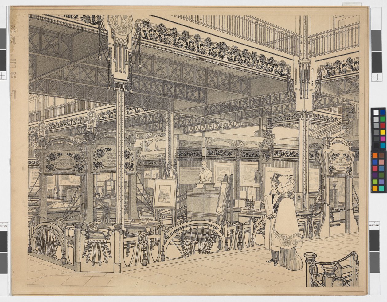Världsutställningen i Paris, grupp VI: ingenjörsväsen och järnvägar på Champ-de-Mars, perspektiv av Otto Wagner