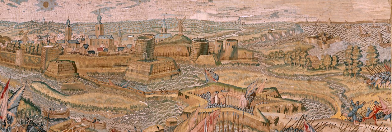 flamländsk gobeläng. Serie Triumfer och strider av ärkehertig Albert. Anfall och intagande av det befästa slagfältet i Hulst (Asalto y toma del campo atrincherado de Hulst). Sjätte gobelängen i serien. Modell Otto van Veen och Hans I Snellinck. Tillverkare av Otto van Veen