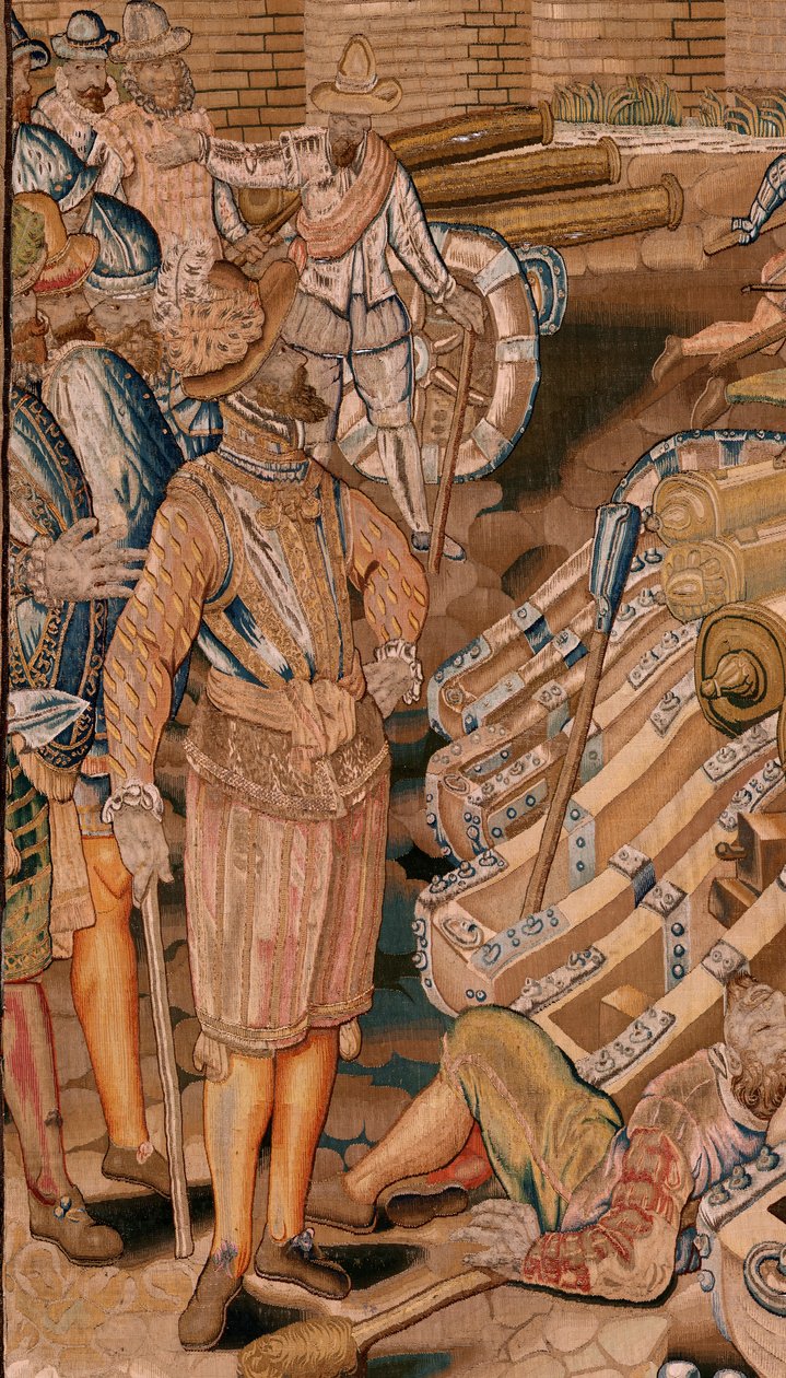 flamländsk gobeläng. Serie Triumfer och strider av ärkehertig Albert. Angrepp på staden Calais (Asalto de la plaza de Calais). Andra gobeläng i serien. Modell Otto van Veen och Hans I Snellinck. Tillverkning Martin Reynbouts, Bryssel av Otto van Veen