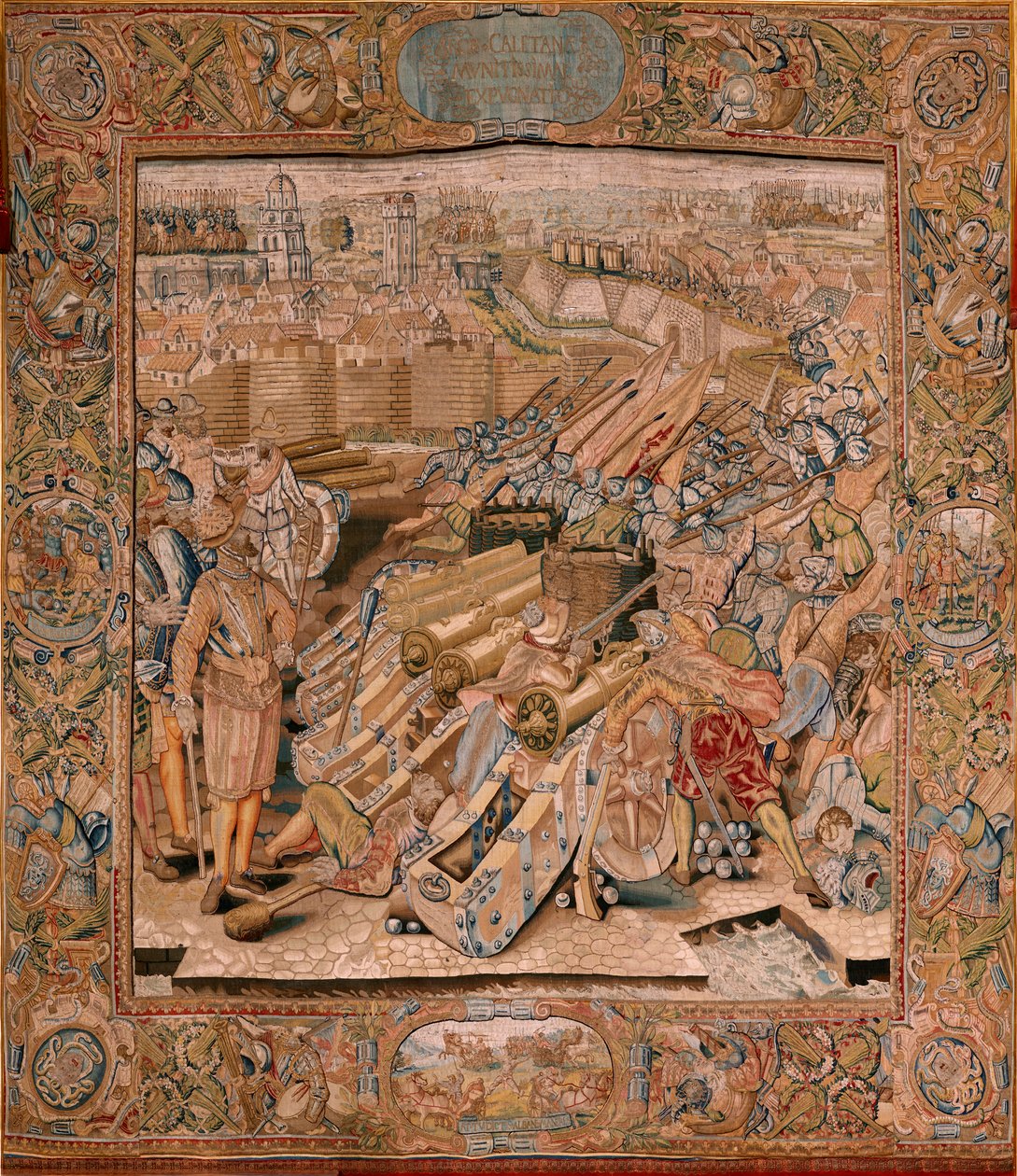 flamländsk gobeläng. Serie Triumfer och strider av ärkehertig Albert. Angrepp på staden Calais (Asalto de la plaza de Calais). Andra gobeläng i serien. Modell Otto van Veen och Hans I Snellinck. Tillverkning Martin Reynbouts, Bryssel av Otto van Veen