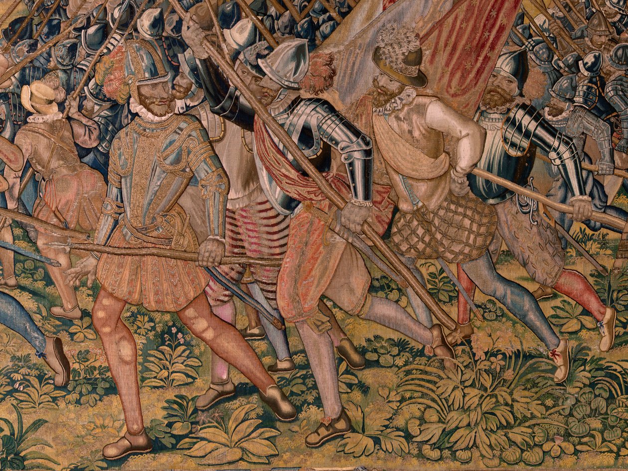 flamländsk gobeläng. Serie Triumfer och strider av ärkehertig Albert. Nattattack på Ardres eller fångst av den låga staden Ardres (Asalto nocturno de Ardrés o Toma de la baja villa de Ardrés). Tredje tapeten i serien. Modell Otto van Veen och Hans I Snell av Otto van Veen