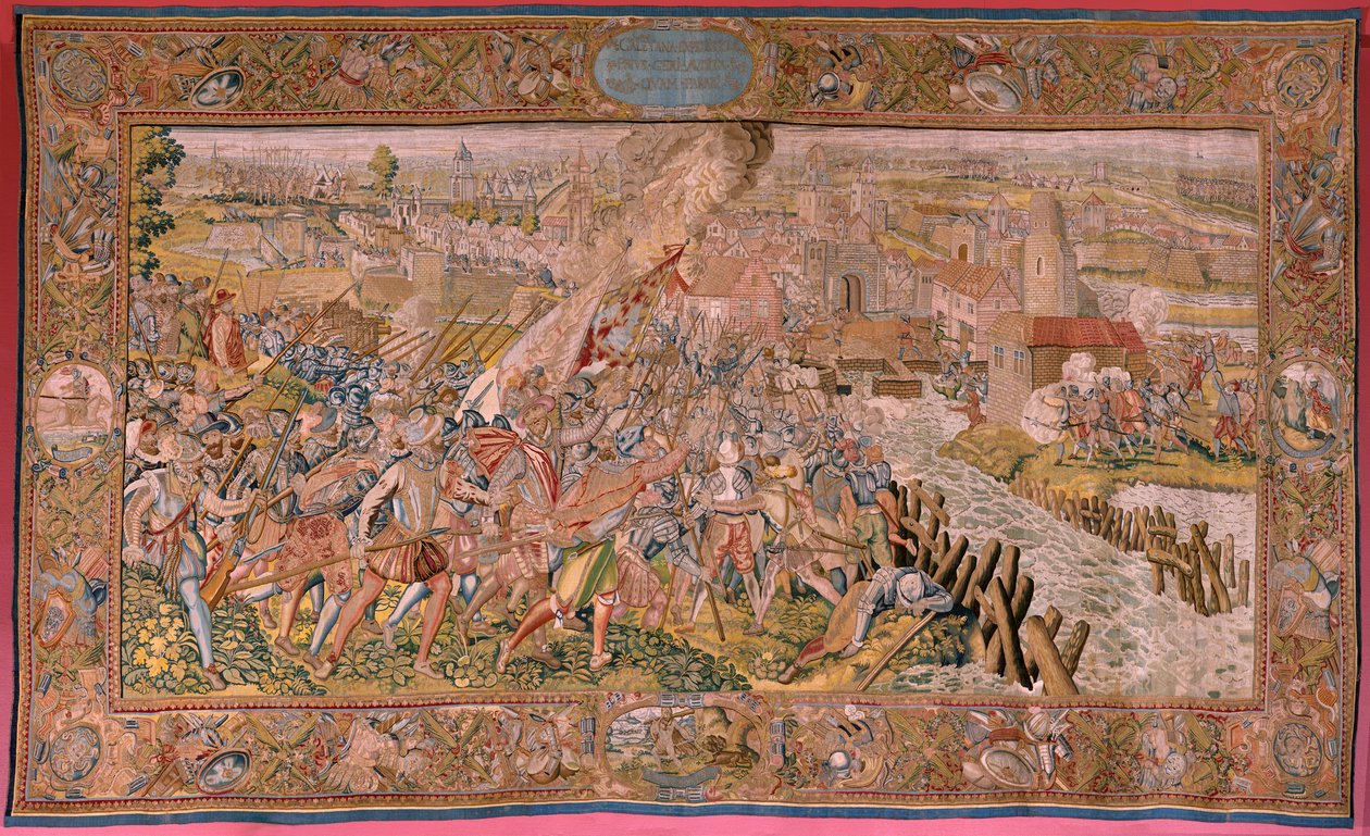 flamländsk gobeläng. Serie Triumfer och strider av ärkehertig Albert. Överraskning vid Calais (La sorpresa de Calais). Första gobelängen i serien. Modell Otto van Veen och Hans I Snellinck. Tillverkning Martin Reynbouts, Bruselas. 1597-1599. Tyg Guld, silv av Otto van Veen