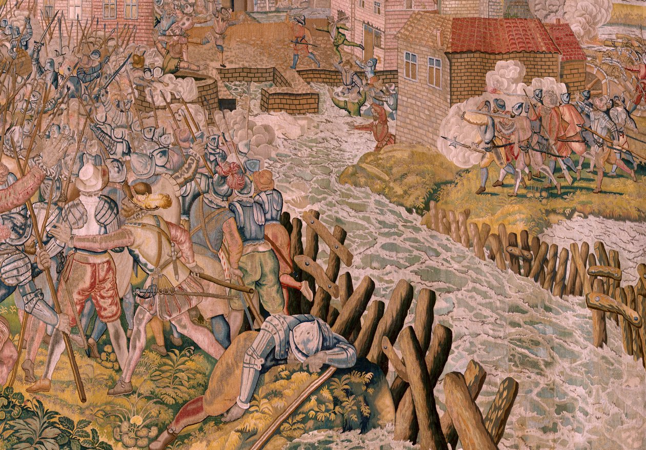 flamländsk gobeläng. Serie Triumfer och strider av ärkehertig Albert. Överraskning vid Calais (La sorpresa de Calais). Första gobelängen i serien. Modell Otto van Veen och Hans I Snellinck. Tillverkning Martin Reynbouts, Bruselas. 1597-1599. Tyg Guld, silv av Otto van Veen