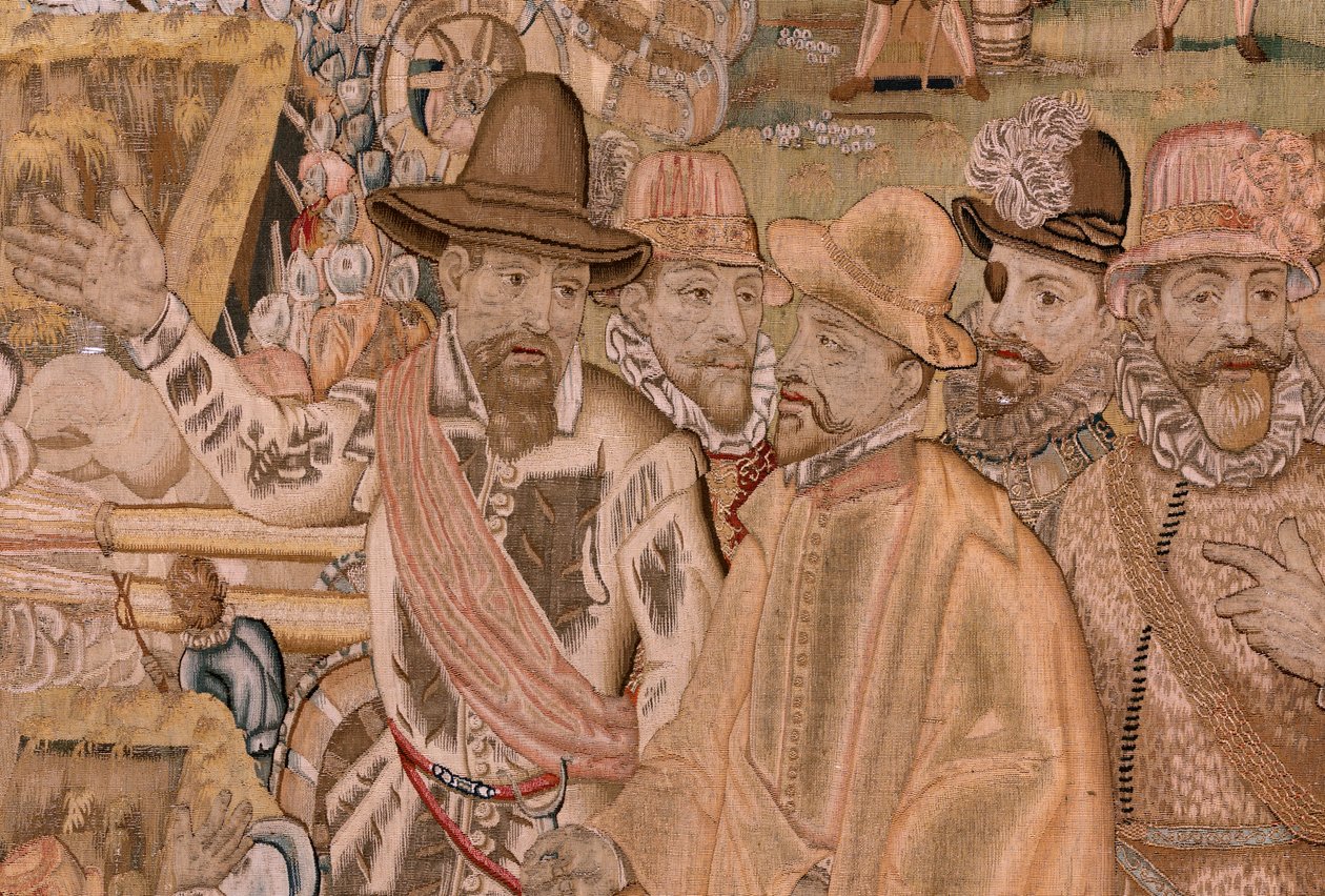flamländsk gobeläng. Serie Triumfer och strider av ärkehertig Albert. Infångandet av staden Hulst (Toma de la Plaza de Hulst). Sjunde gobelängen i serien. Modell Otto van Veen och Hans I Snellinck. Tillverkning Martin Reynbouts, Bryssel av Otto van Veen