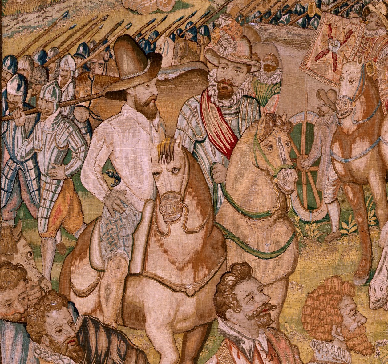 flamländsk gobeläng. Serietriumfer och strider av ärkehertig Albert; Ardres garnison drar sig tillbaka till Frankrike (Retirada a Francia de la Guarnición de Ardrés). Fjärde gobelängen i serien. Modell Otto van Veen och Hans I Snellinck. Tillverkning Marti av Otto van Veen