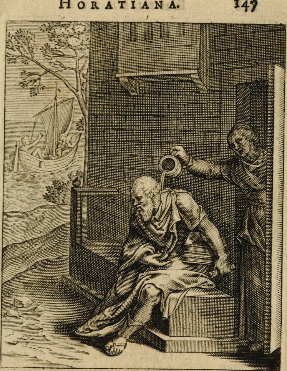 Xanthippe tömmer en kammarkruka över Sokrates. Från Emblemata Horatiana, 1607 av Otto van Veen