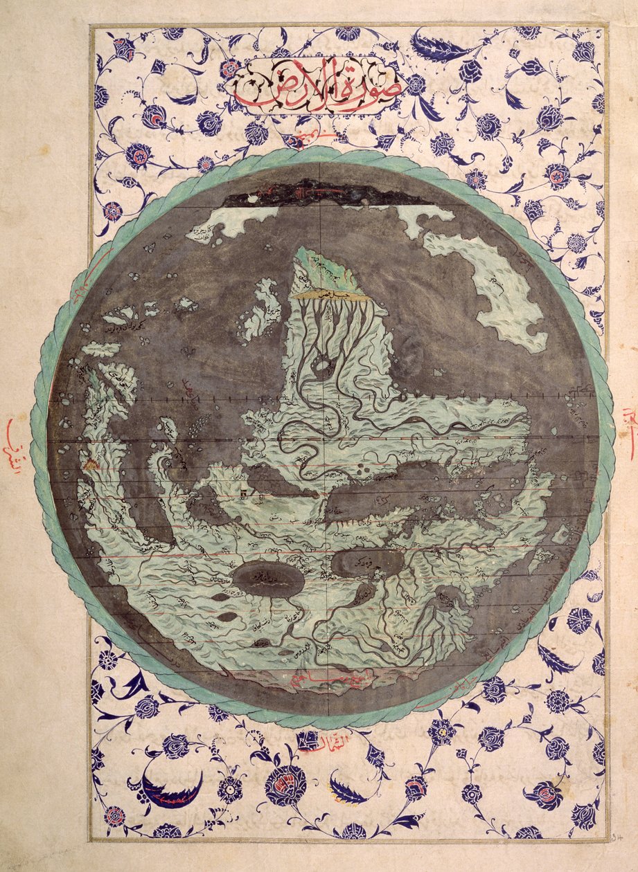 CBL T.414 fol.34a Karta över världen, från en kopia av Zubdat al-Tawarikh, av The Cream of Histories, sent 1500-tal av Ottoman School